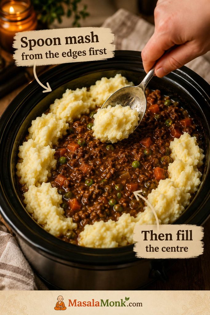 Hand spooning mashed potato around the edges of slow cooker cottage pie filling before filling the centre.