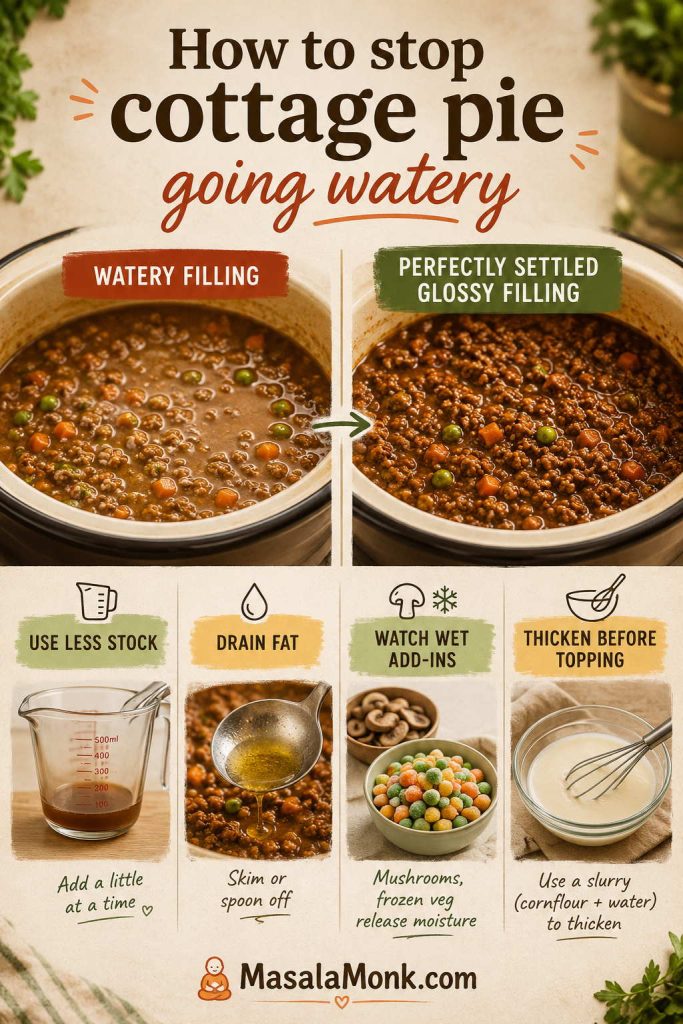 Troubleshooting board comparing watery cottage pie filling with glossy settled filling and showing stock, drained fat, wet vegetables, and slurry.