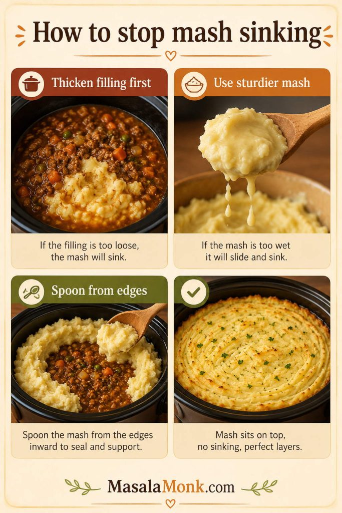 Fix-it guide showing loose filling, wet mash, edge-first spooning, and finished mashed potato sitting on cottage pie.