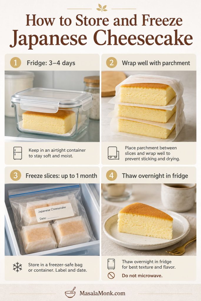 Storage guide for Japanese cheesecake showing an airtight fridge container, parchment-wrapped slices, freezer portions, and thawed slice