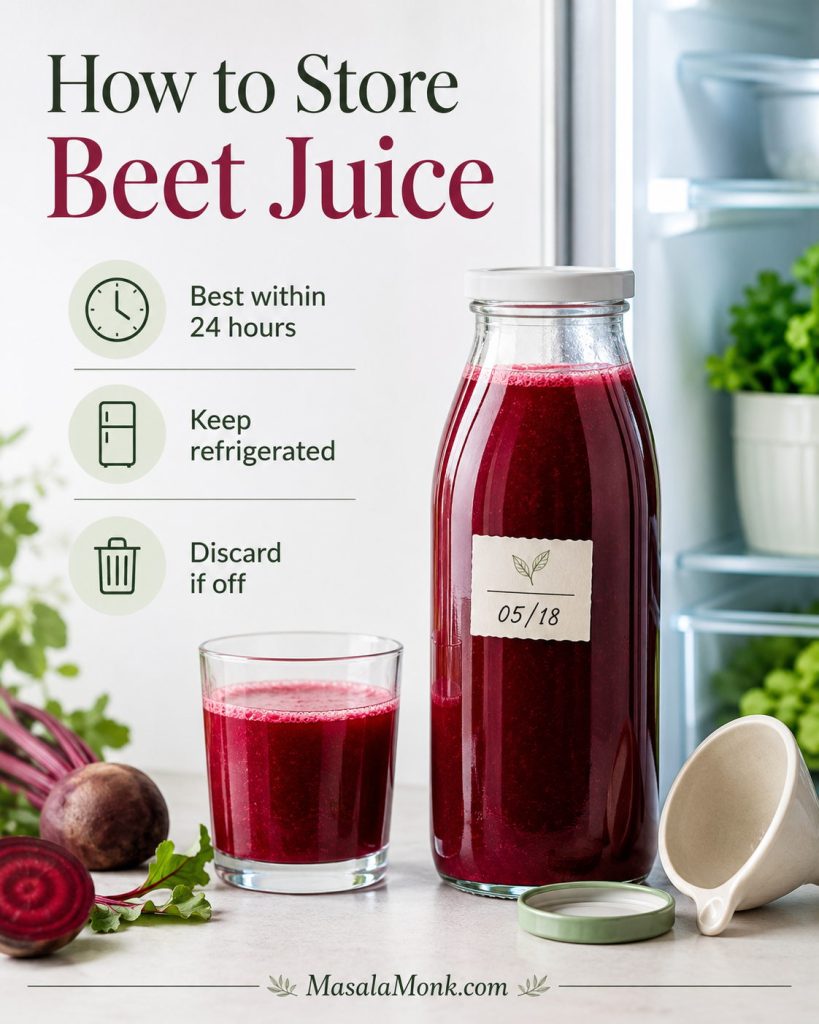 Storage guide showing beet juice in a sealed glass bottle with a date label beside a glass of juice near an open refrigerator.