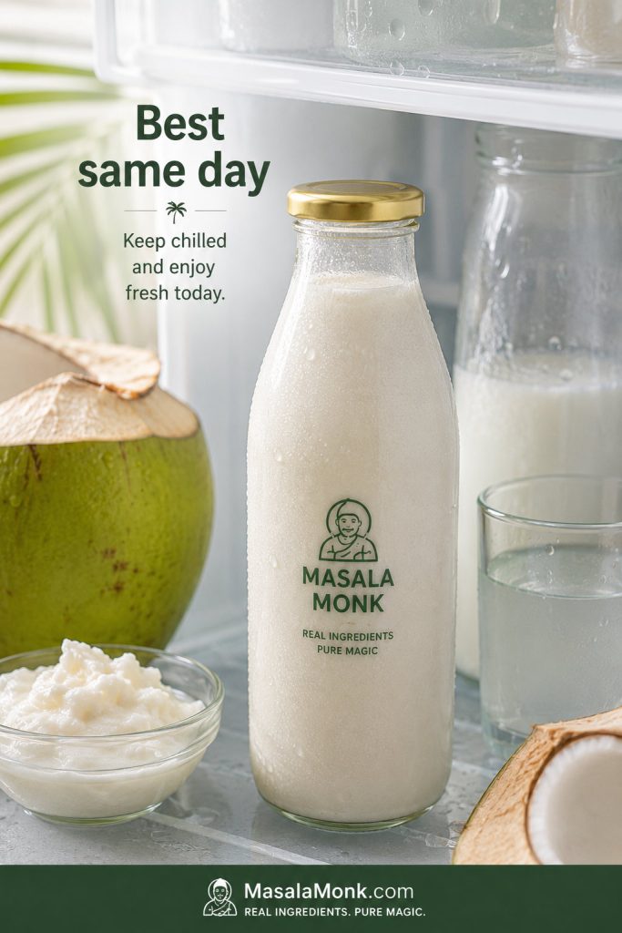 Covered bottle of coconut shake kept chilled with condensation, coconut water, malai, and tender coconut nearby.