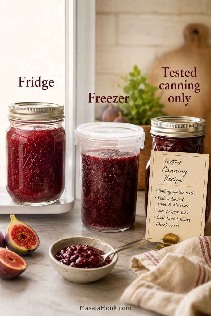 Fig jam storage guide showing a refrigerator jar, freezer container, and tested canning-only jar cue.