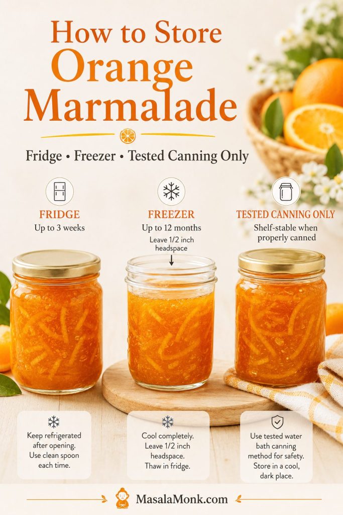 Three jars of orange marmalade showing fridge storage, freezer storage with headspace, and tested canning-only pantry storage.