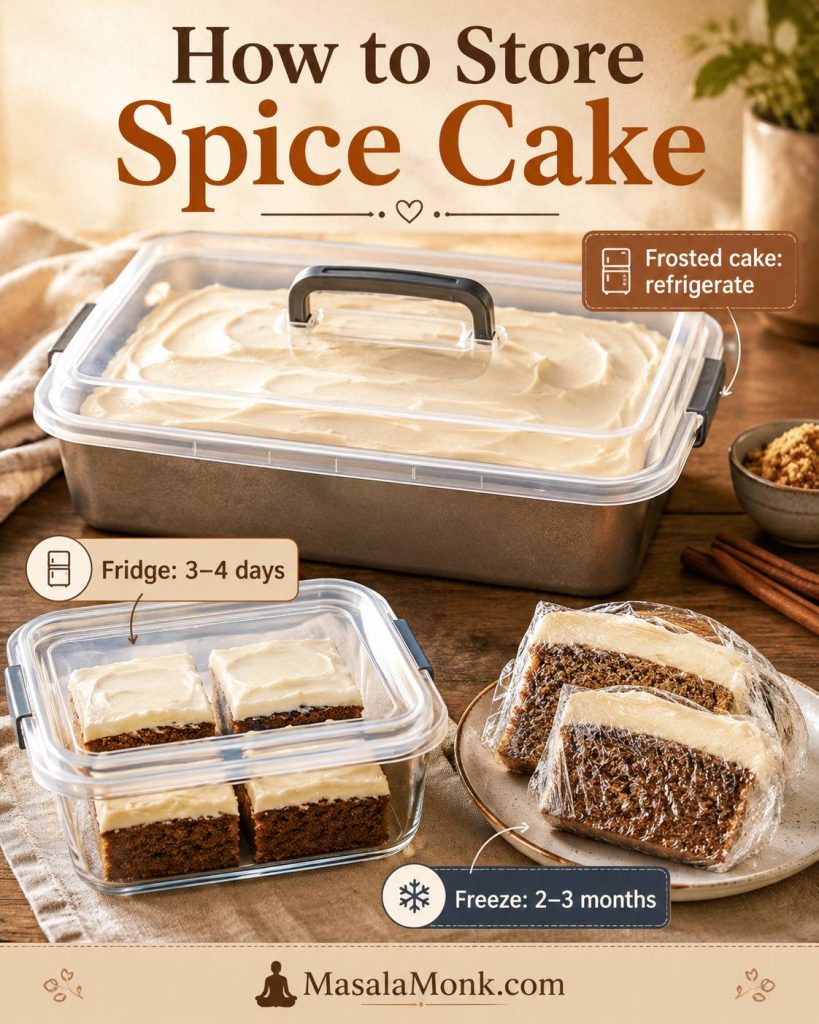 Storage guide showing frosted spice cake in a covered pan, slices in an airtight container, and wrapped slices for freezing.