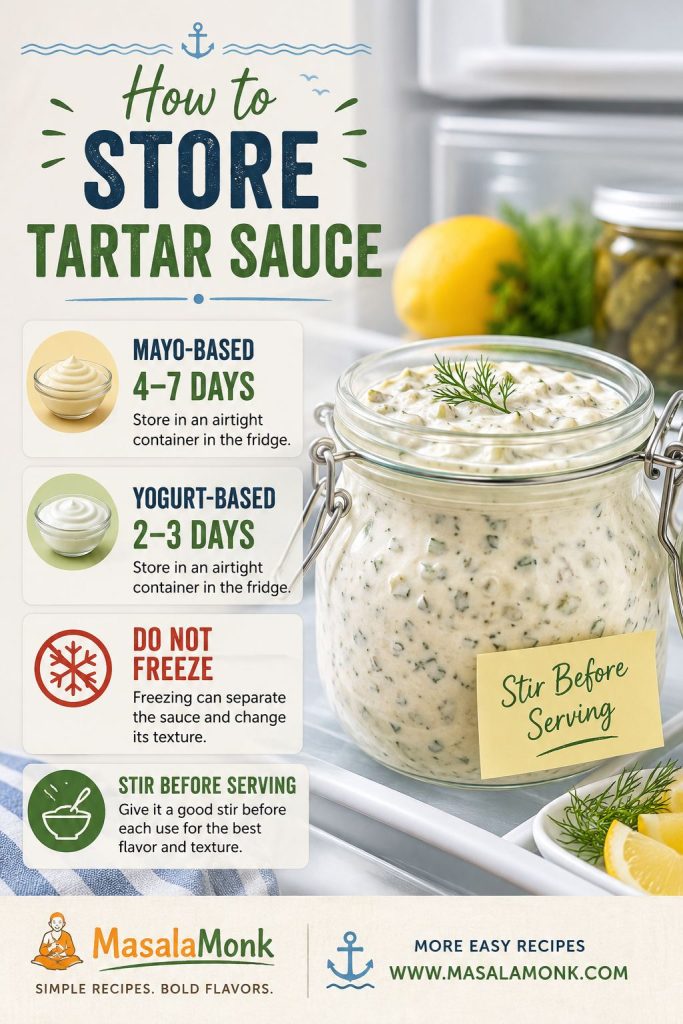 Glass jar of homemade tartar sauce in the refrigerator with storage notes for mayo-based sauce, yogurt sauce, and freezing