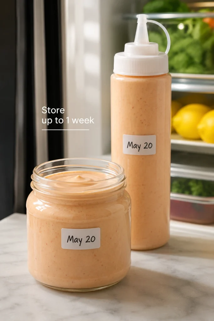 A glass jar and squeeze bottle filled with pale pink-orange yum yum sauce on a kitchen counter beside an open refrigerator, with date labels.