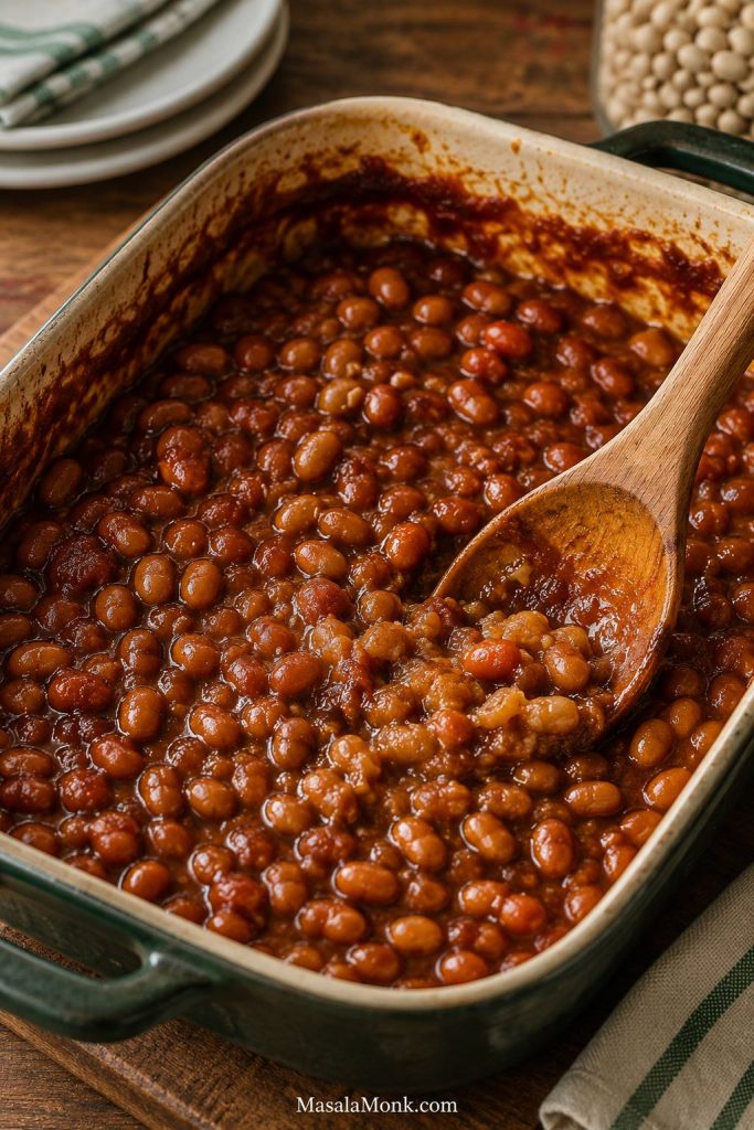 Thickened baked beans with reduced sauce and a spoon in the pan.