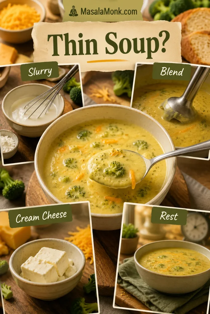 Thickening guide for broccoli cheese soup showing cornstarch slurry, blending, cream cheese, resting, and a bowl of creamy soup.