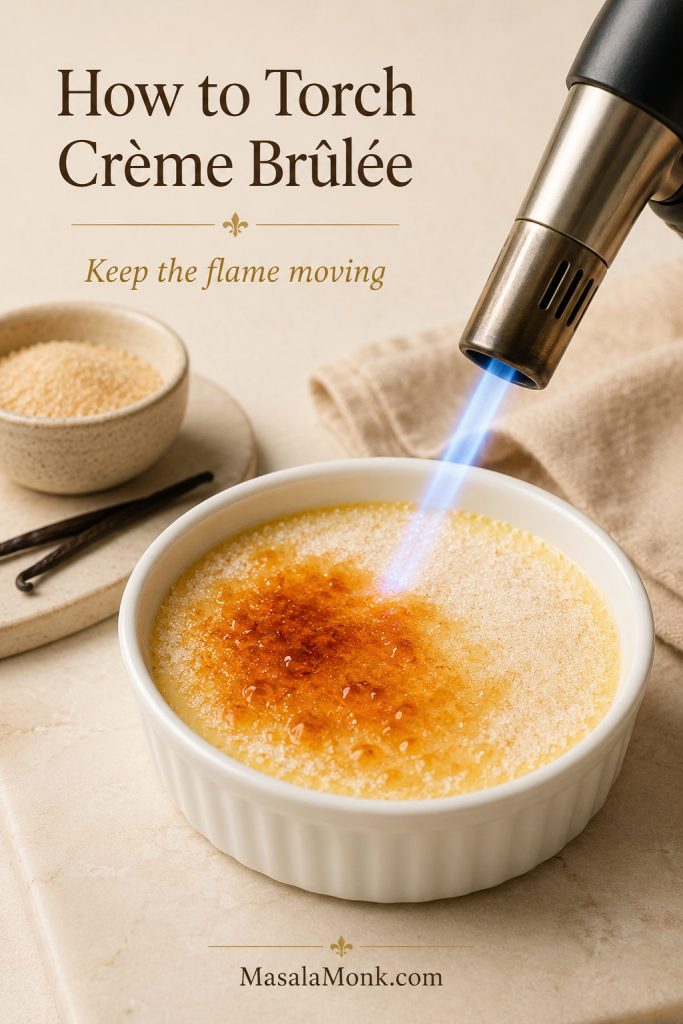 Kitchen torch caramelizing a light layer of sugar on top of a white crème brûlée ramekin.