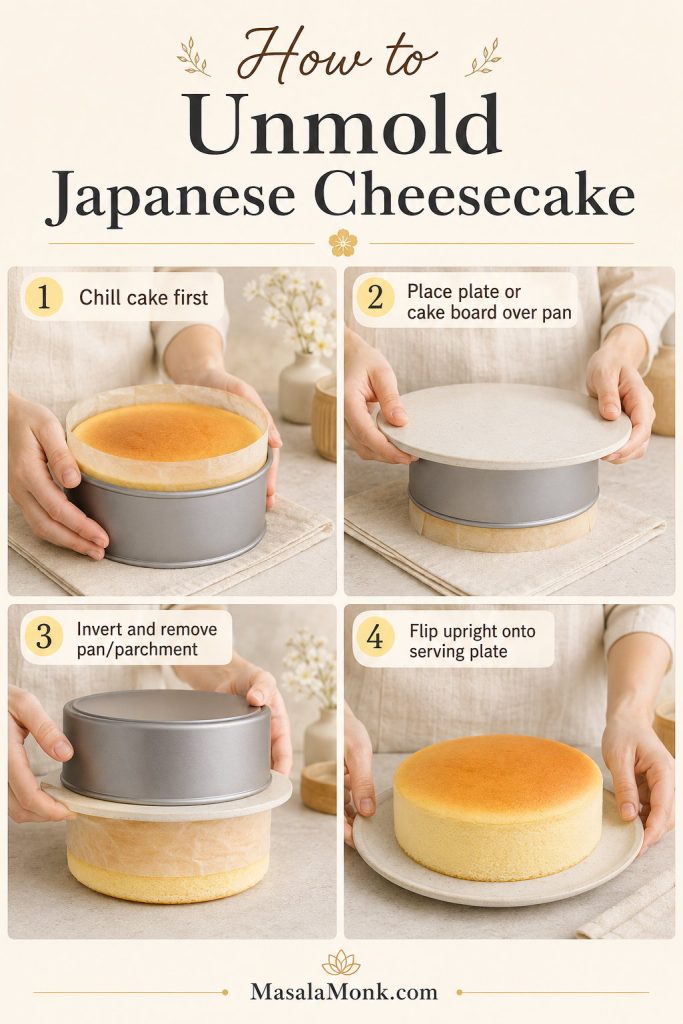 Four-step guide showing a chilled Japanese cheesecake being covered with a plate, inverted, removed from the pan, and flipped upright