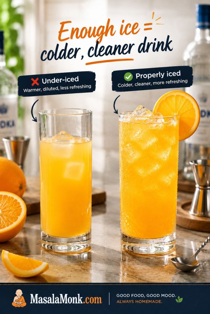 Side-by-side comparison of an under-iced Screwdriver and a properly iced Screwdriver with clear ice and condensation.
