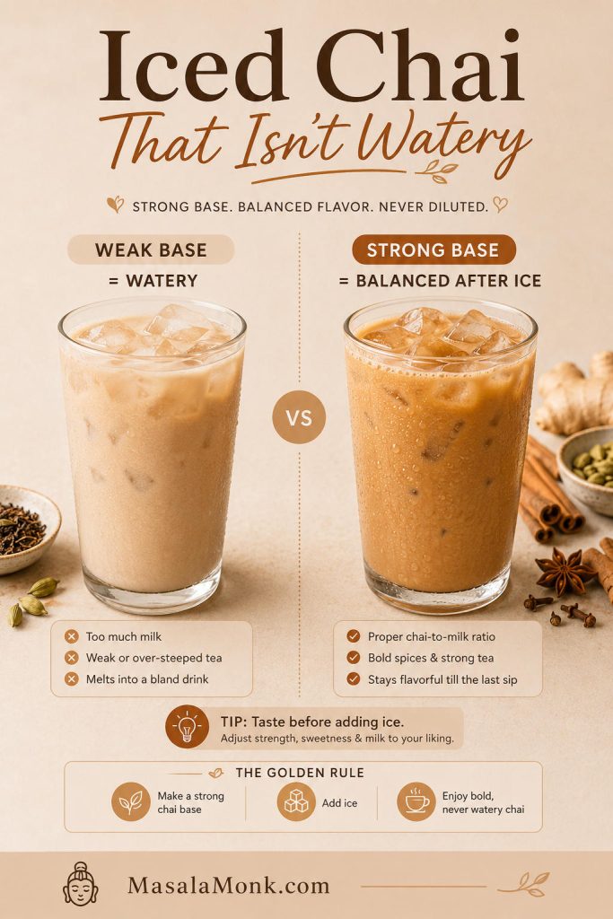 Comparison graphic showing a pale weak iced chai labeled watery beside a darker strong iced chai labeled balanced after ice, with a tip to taste before adding ice.