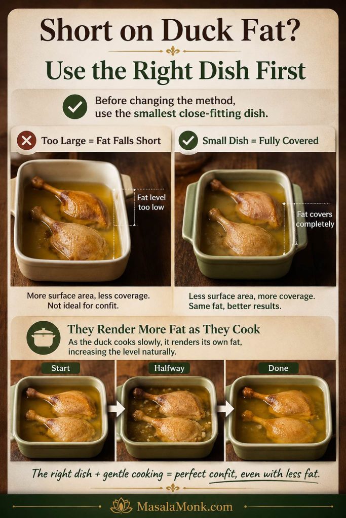 Comparison showing duck legs in a large dish with low fat coverage and a smaller dish where the fat covers the meat better.