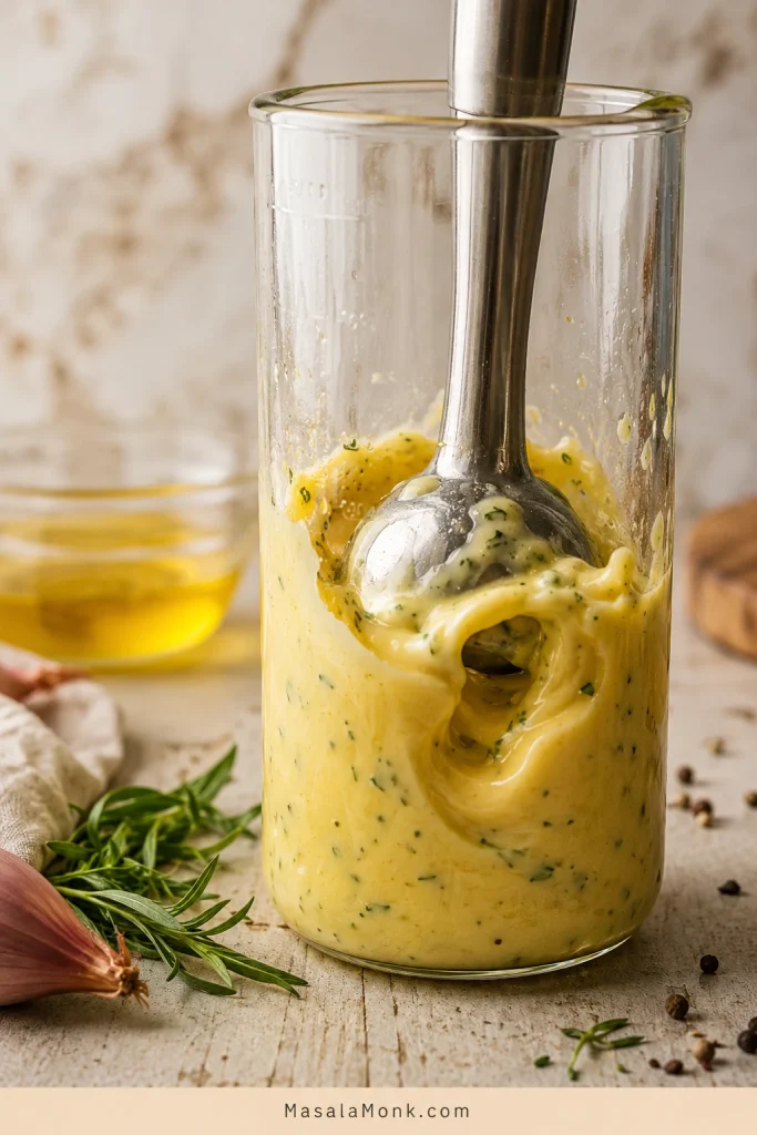 Pale yellow béarnaise sauce thickening around an immersion blender inside a tall glass jar.