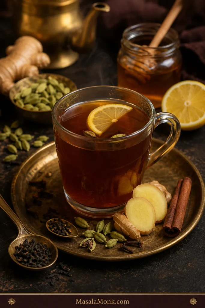 Indian-spiced hot toddy with tea, honey, lemon, ginger, cardamom, cinnamon, cloves, brass props, and warm steam.