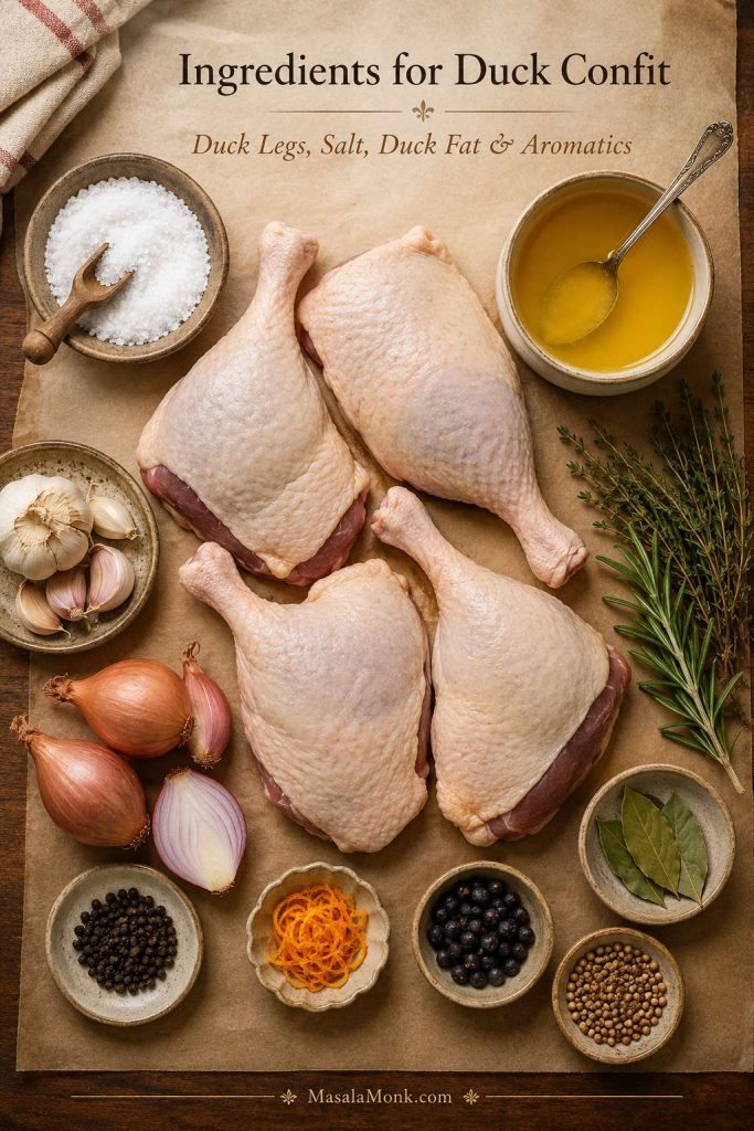Raw duck legs arranged with duck fat, salt, garlic, shallots, herbs, bay leaves, peppercorns, orange zest, and spices.