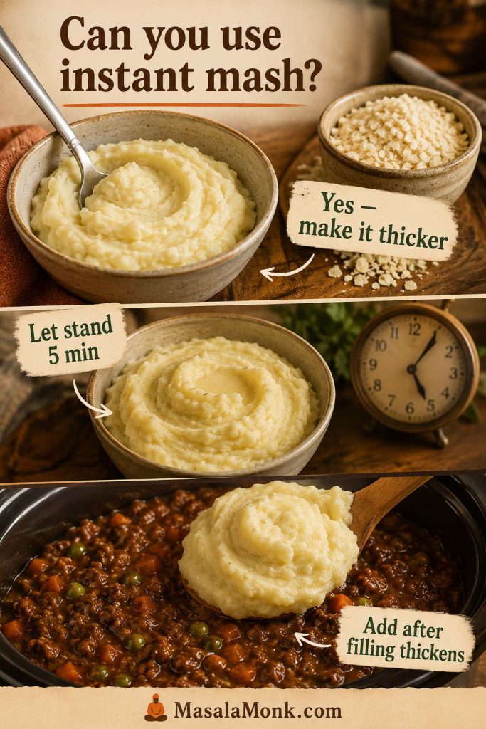 Instant mash guide showing thick prepared instant mash, potato flakes, a timer, and mash being spooned over cottage pie filling.