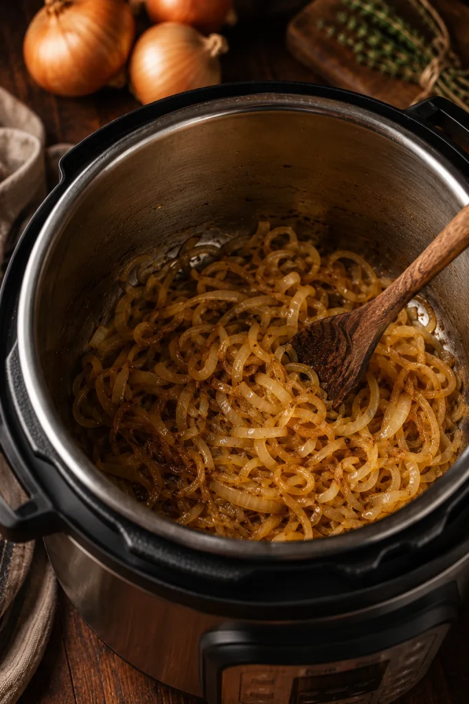 Onions browning on sauté mode inside an Instant Pot for French onion soup.