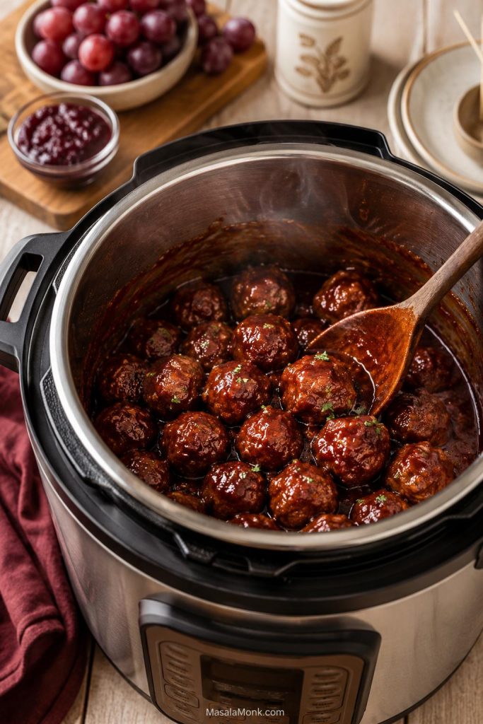 Grape jelly meatballs inside a pressure cooker insert with steam rising and a wooden spoon stirring the sauce.
