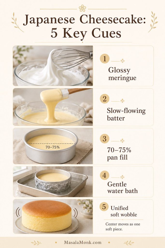 Visual guide showing five Japanese cheesecake cues: glossy meringue, slow-flowing batter, 70–75 percent pan fill, water bath, and unified soft wobble