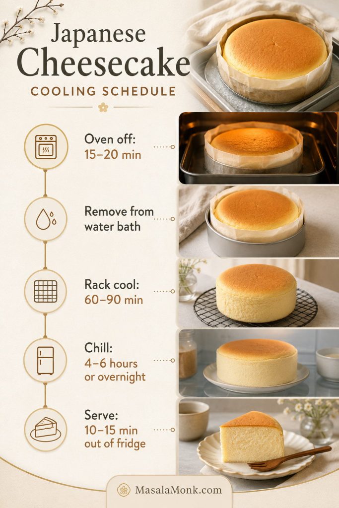 Cooling schedule for Japanese cheesecake showing oven-off rest, removal from water bath, rack cooling, chilling, and serving after resting
