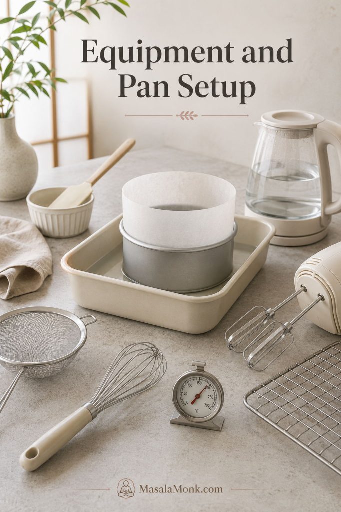 Japanese cheesecake equipment setup with a parchment-lined cake pan, roasting pan, mixer tools, sieve, spatula, kettle, thermometer, rack, and ramekin