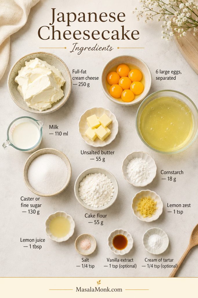 Measured Japanese cheesecake ingredients including cream cheese, separated eggs, milk, butter, sugar, cake flour, cornstarch, lemon, vanilla, salt, and cream of tartar
