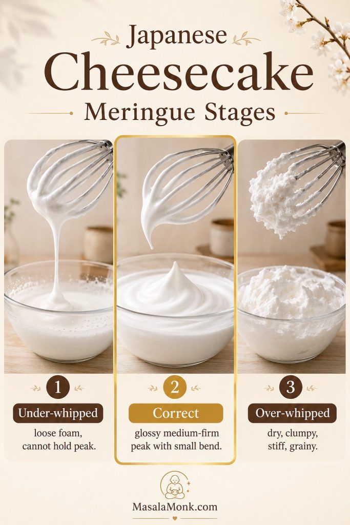 Three meringue stages for Japanese cheesecake showing under-whipped foam, glossy medium-firm peaks, and over-whipped dry meringue