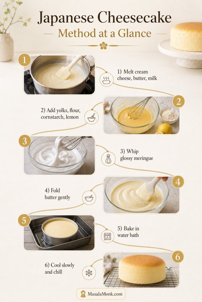 Step-by-step overview of Japanese cheesecake preparation from melting the cream cheese base to folding meringue, baking, cooling, and chilling