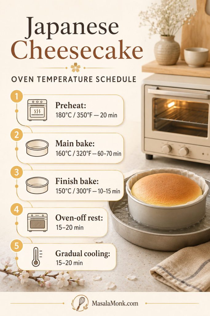Japanese cheesecake oven schedule showing preheat, main bake, finish bake, oven-off rest, and gradual cooling temperatures and times