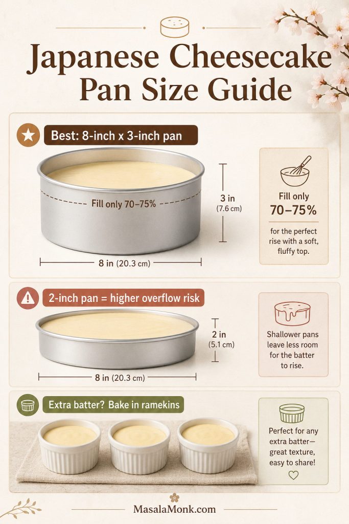 Japanese cheesecake pan guide showing an 8-inch by 3-inch pan, 70–75 percent fill line, shallow pan risk, and ramekins for extra batter