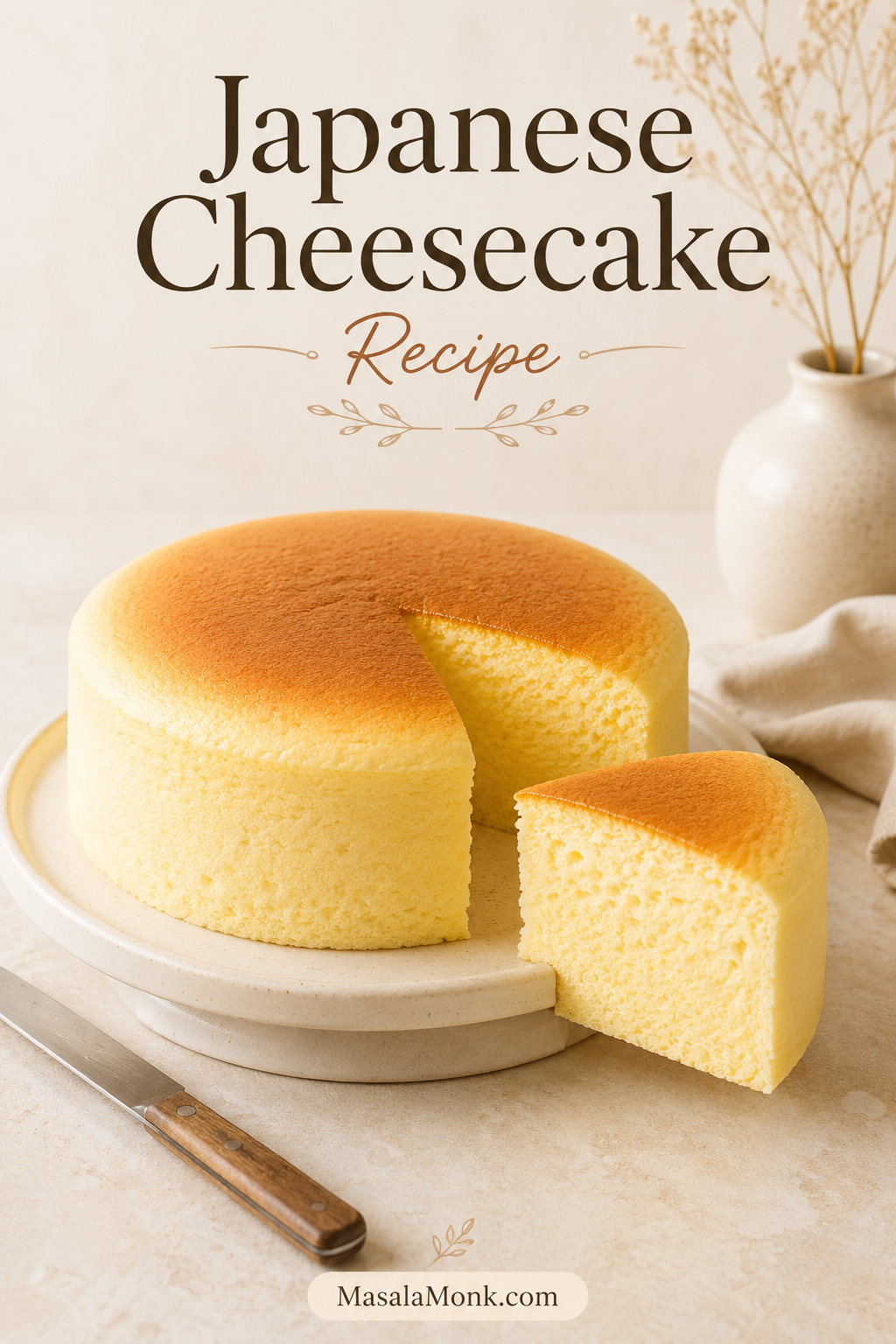 A tall Japanese cheesecake should look delicate but still slice cleanly. Because the meringue, water bath, and slow cooling all work together, the cake can stay cotton-soft without collapsing into a dense center.