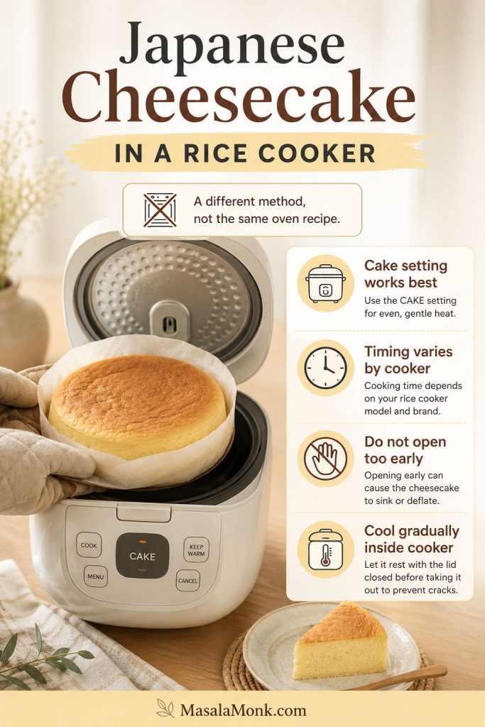 Japanese cheesecake being lifted from a rice cooker with notes about cake setting, timing, early opening, and gradual cooling