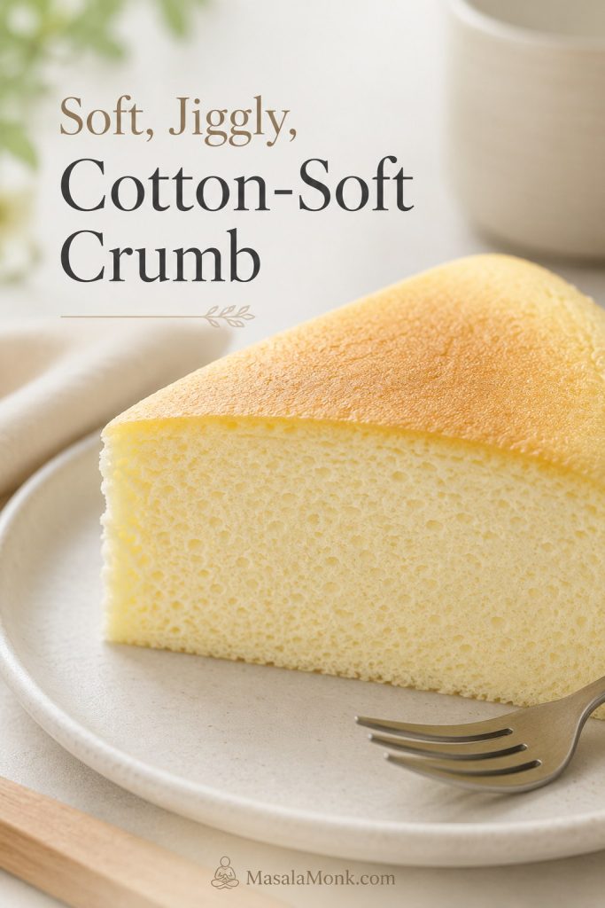 Close-up of a chilled Japanese cheesecake slice with a fine airy crumb, pale yellow center, and soft golden top