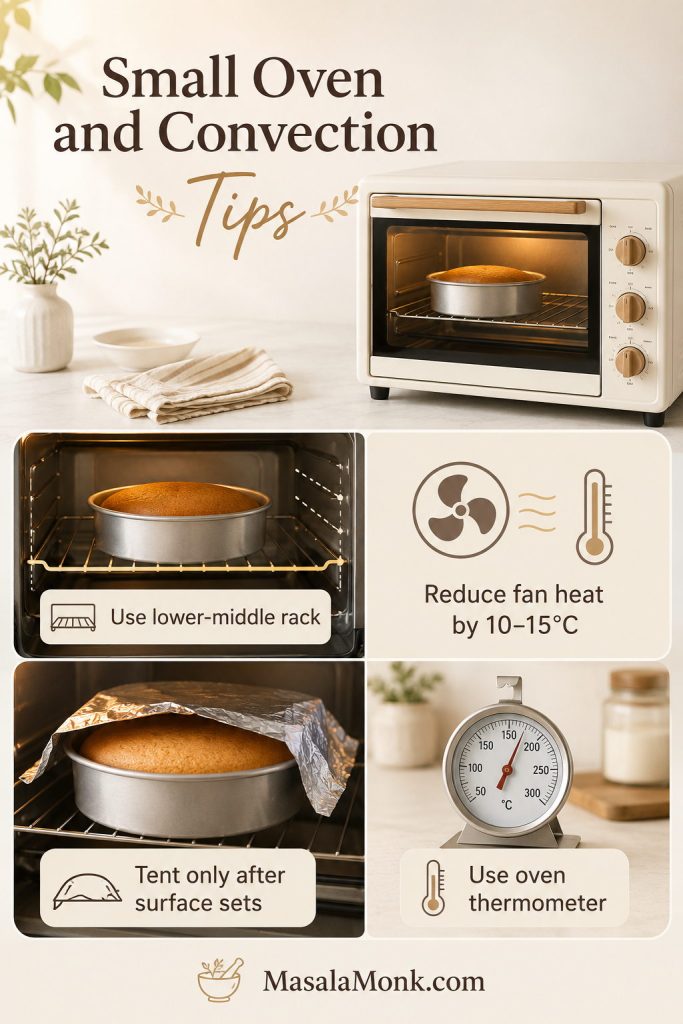 Small oven and convection tips for Japanese cheesecake showing lower-middle rack placement, reduced fan heat, foil tent timing, and oven thermometer