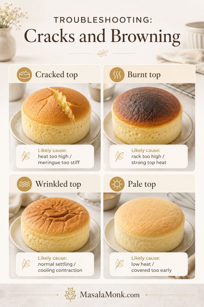 Troubleshooting board for Japanese cheesecake tops showing cracked, burnt, wrinkled, and pale examples with likely causes