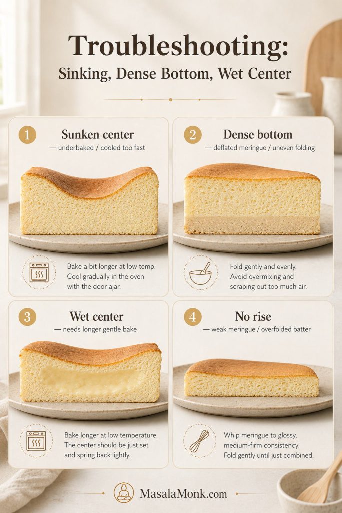 Troubleshooting board showing Japanese cheesecake slices with sunken center, dense bottom, wet center, and no rise
