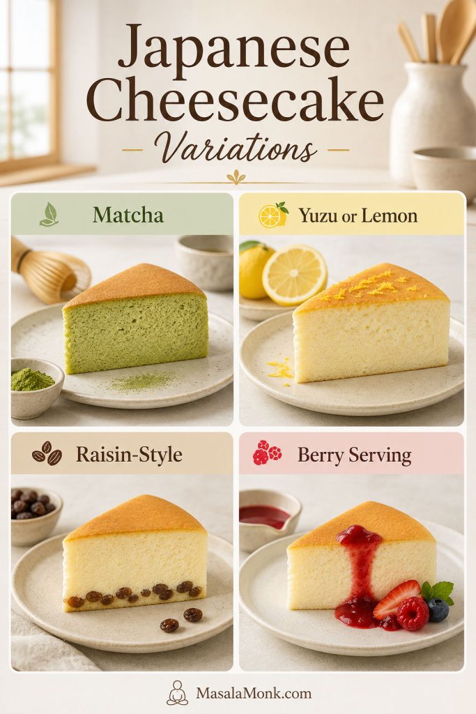 Four Japanese cheesecake variations showing matcha, yuzu or lemon, raisin-style, and berry serving ideas