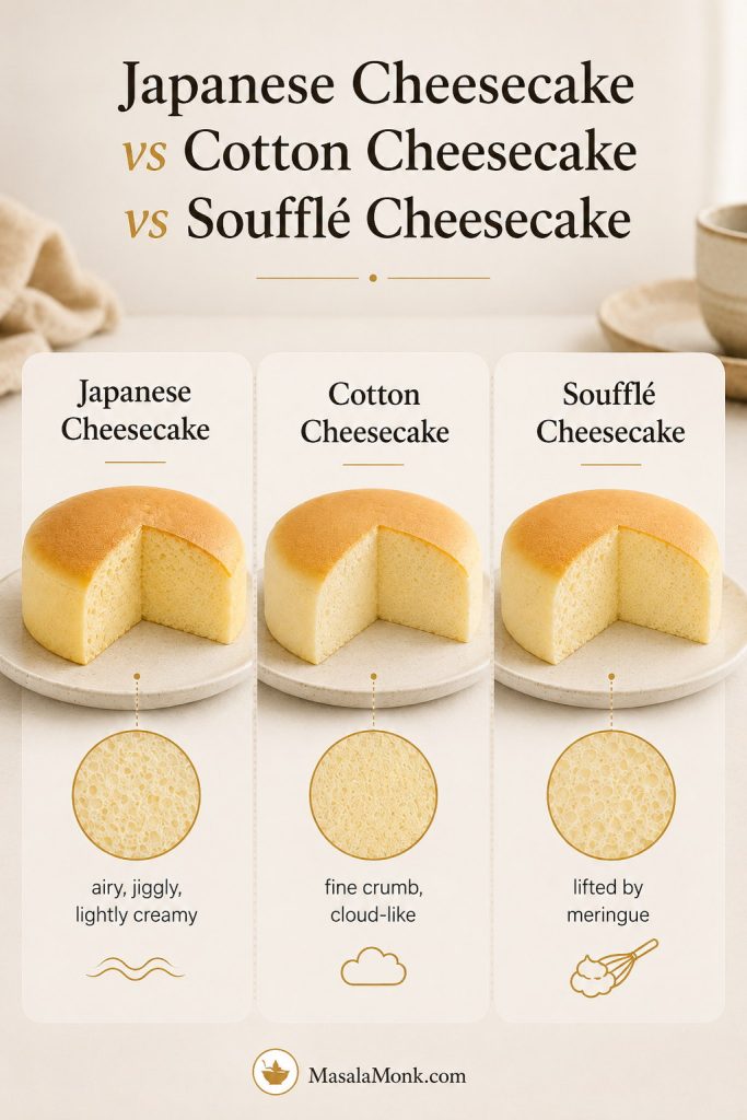 Comparison board showing Japanese cheesecake, cotton cheesecake, and soufflé cheesecake as similar airy cheesecakes with subtle texture differences