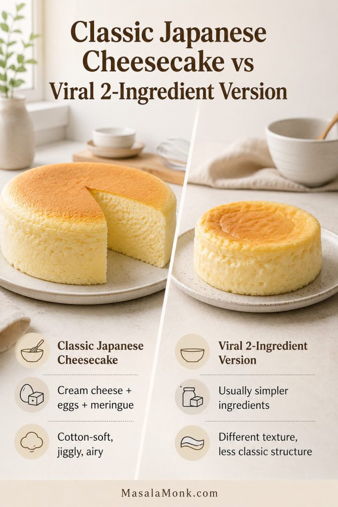 Side-by-side comparison of classic Japanese cheesecake and a simpler viral two-ingredient cheesecake version