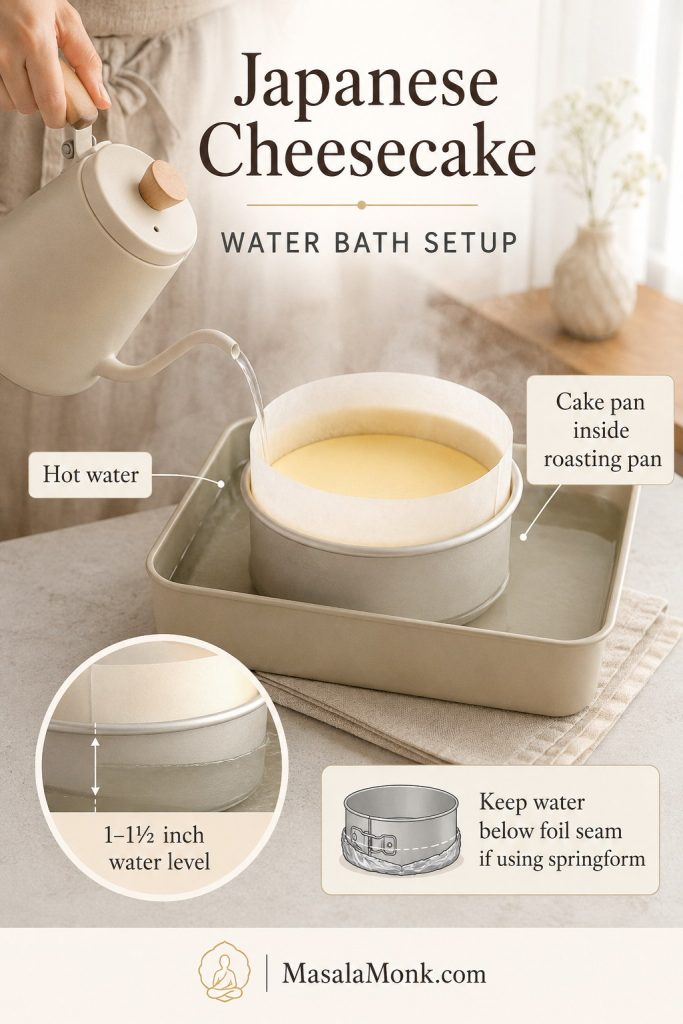 Hot water being poured into a roasting pan around a parchment-lined Japanese cheesecake pan with a water level guide
