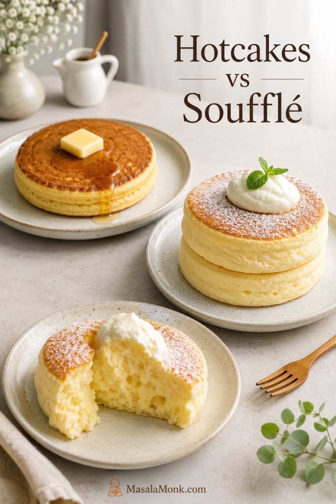 Japanese hotcakes, Japanese soufflé pancakes, and a soft fuwa fuwa pancake texture shown together.