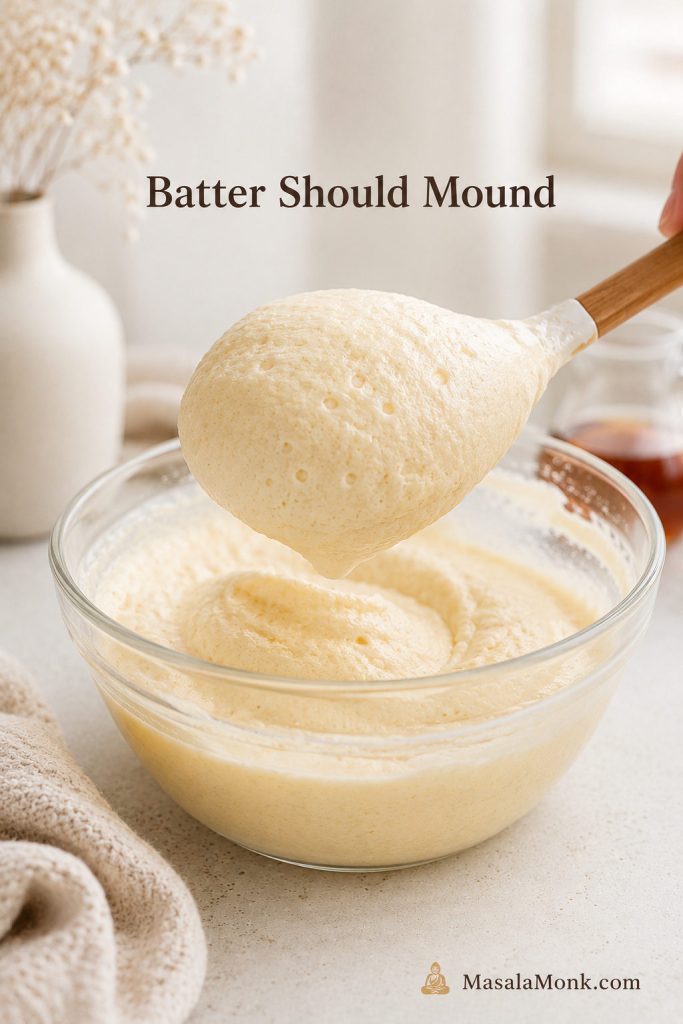 Thick Japanese pancake batter holding a mound on a spoon above a mixing bowl.