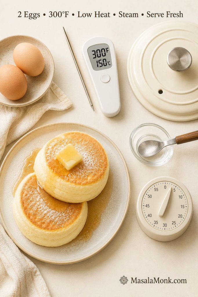 Japanese pancake quick guide showing two eggs, a 300°F pan cue, a lid, a water spoon, and pancakes.