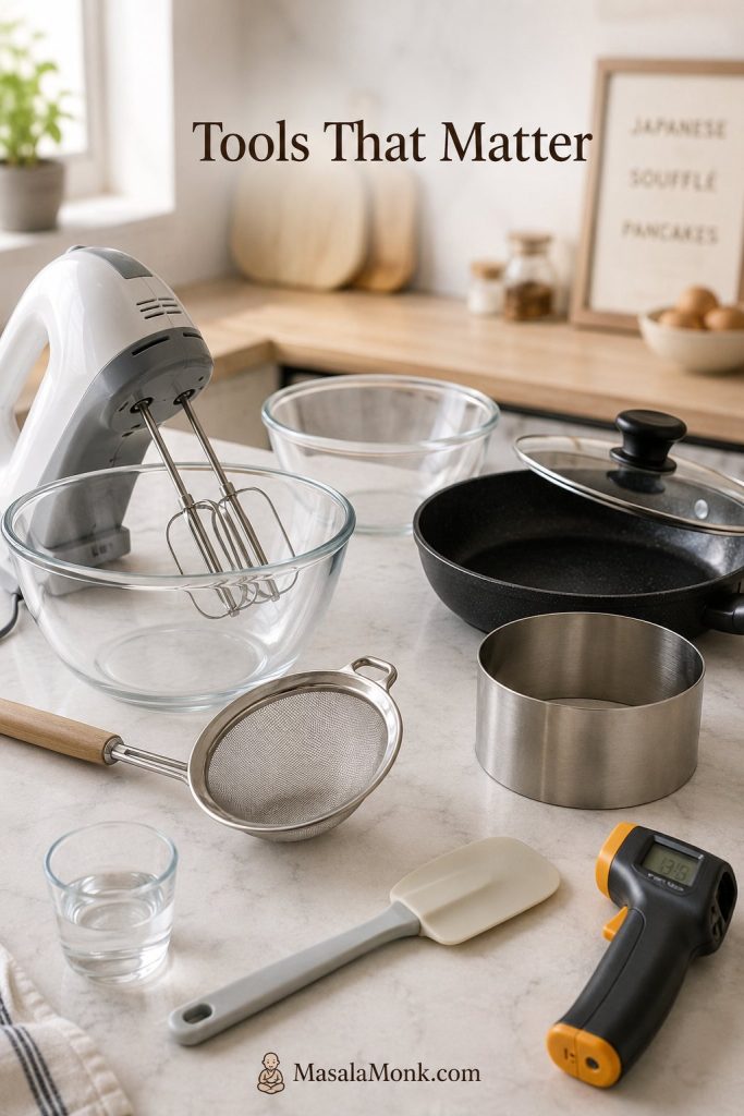 Equipment for Japanese soufflé pancakes including mixing bowls, beaters, a pan, lid, spatula, ring mold, and thermometer.