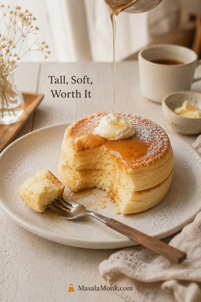 Tall Japanese soufflé pancakes with syrup, whipped cream, and a forkful showing the soft cooked interior.