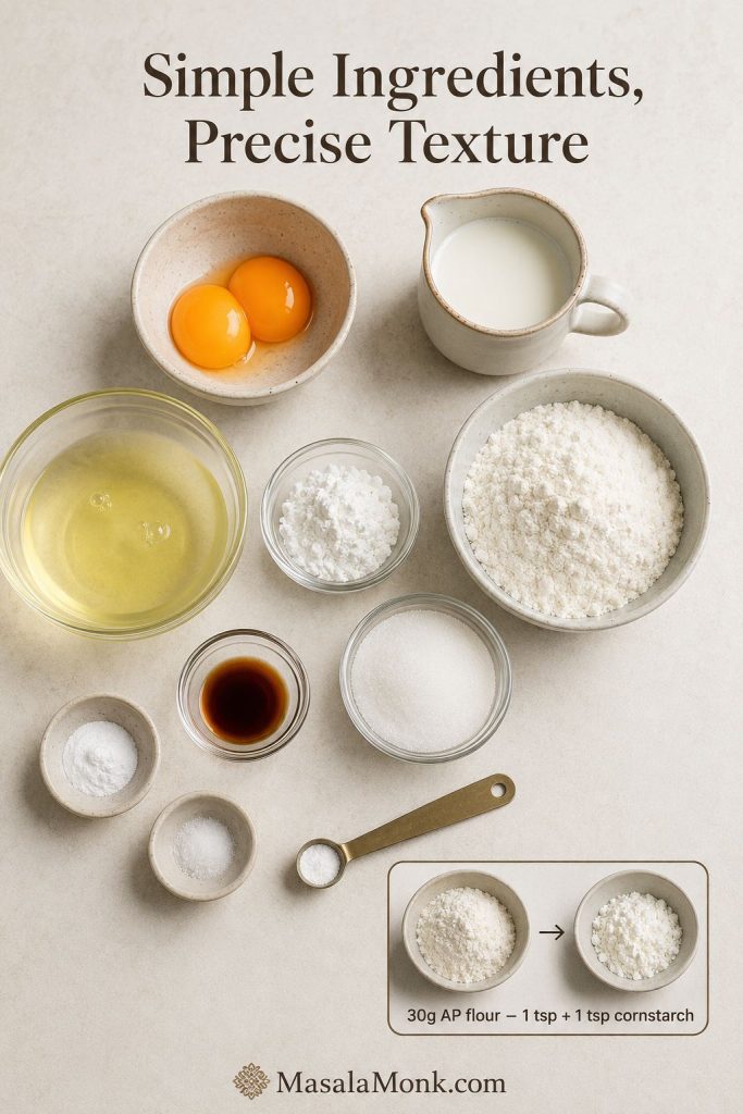 Ingredients for Japanese soufflé pancakes arranged on a counter with eggs, milk, flour, sugar, cornstarch, and a cake flour swap note.