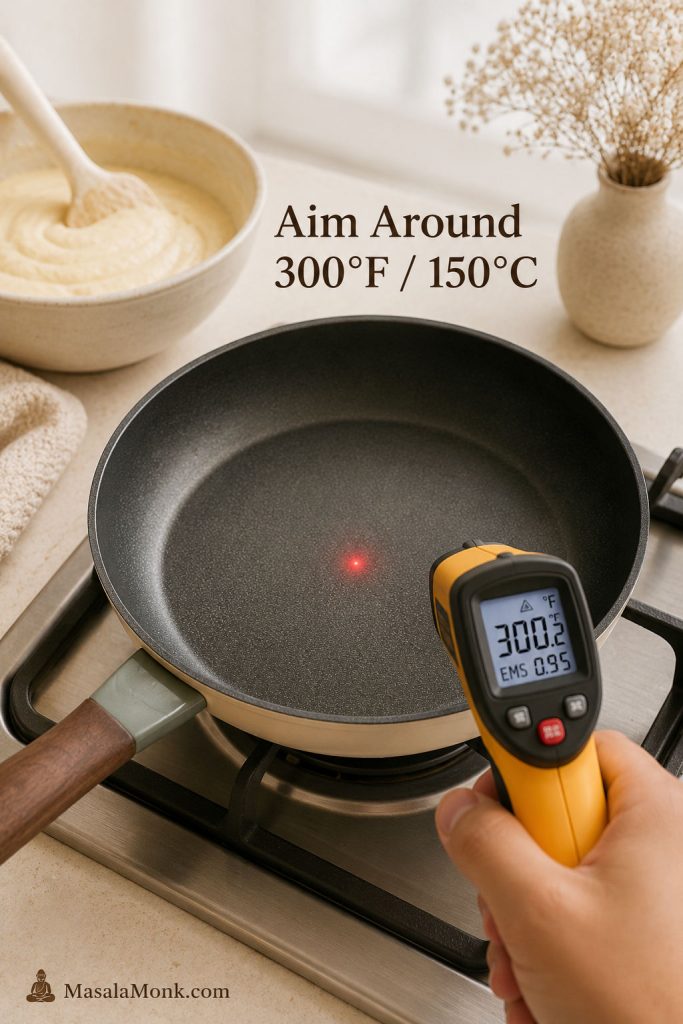 Infrared thermometer aimed at a nonstick pan to check the temperature for Japanese soufflé pancakes.