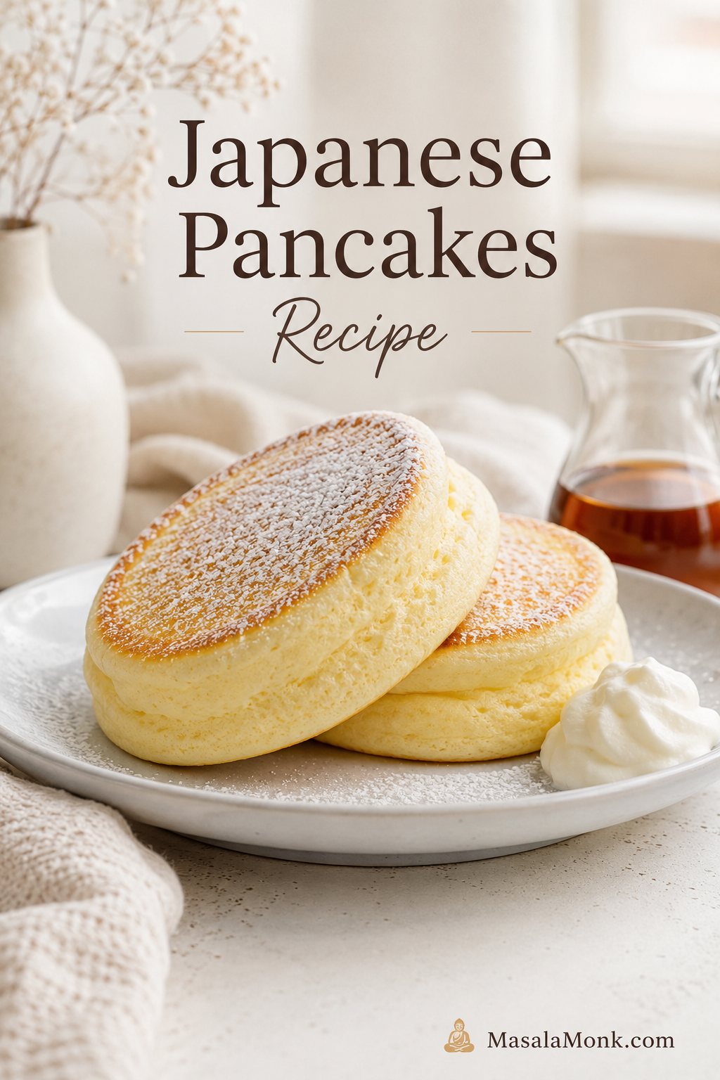 Tall Japanese soufflé pancakes stacked on a pale plate with whipped cream, powdered sugar, and syrup nearby.